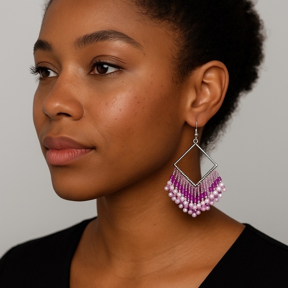 Elegant Pink and Purple Beaded Earrings - Picture 1 of 3